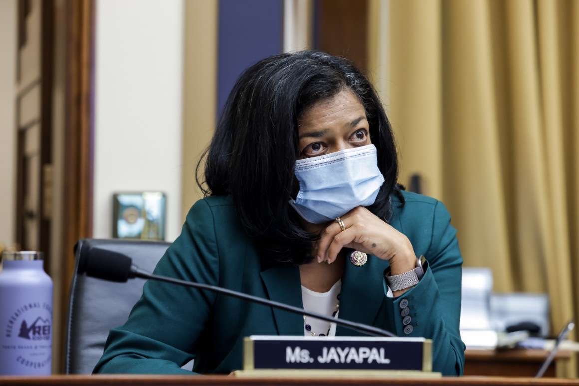 Rep. Pramila Jayapal (D-Wash.) looks on during the House Judiciary Subcommittee on Antitrust, Commercial and Administrative Law hearing