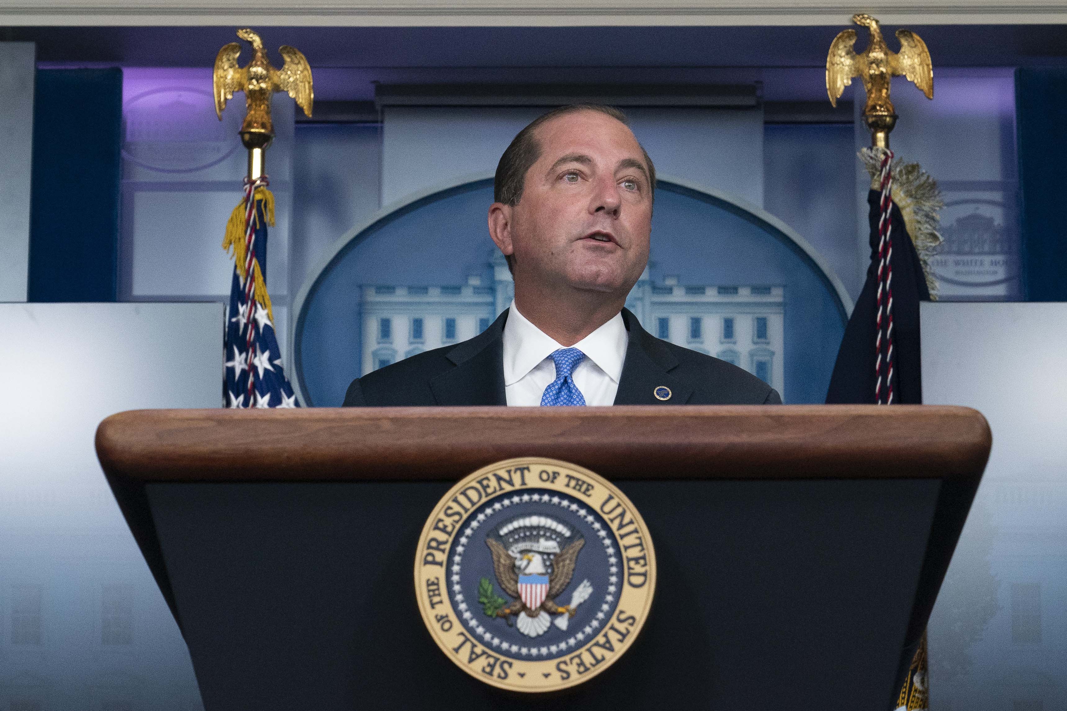 HHS Secretary Alex Azar speaks during a media briefing in the James Brady Briefing Room of the White House, Sunday, Aug. 23, 2020, in Washington. | AP Photo/Alex Brandon