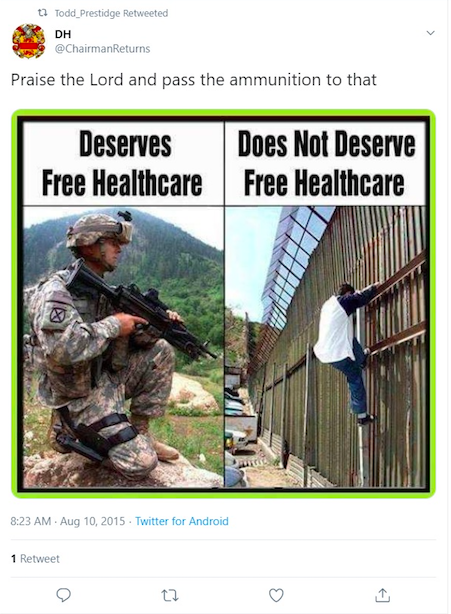 Screenshots shared with POLITICO depict a cartoon showing a man scaling a border fence under the caption &quot;Does not deserve free healthcare&quot; and a tweet saying &quot;Praise the lord and pass the ammunition to that.&quot;