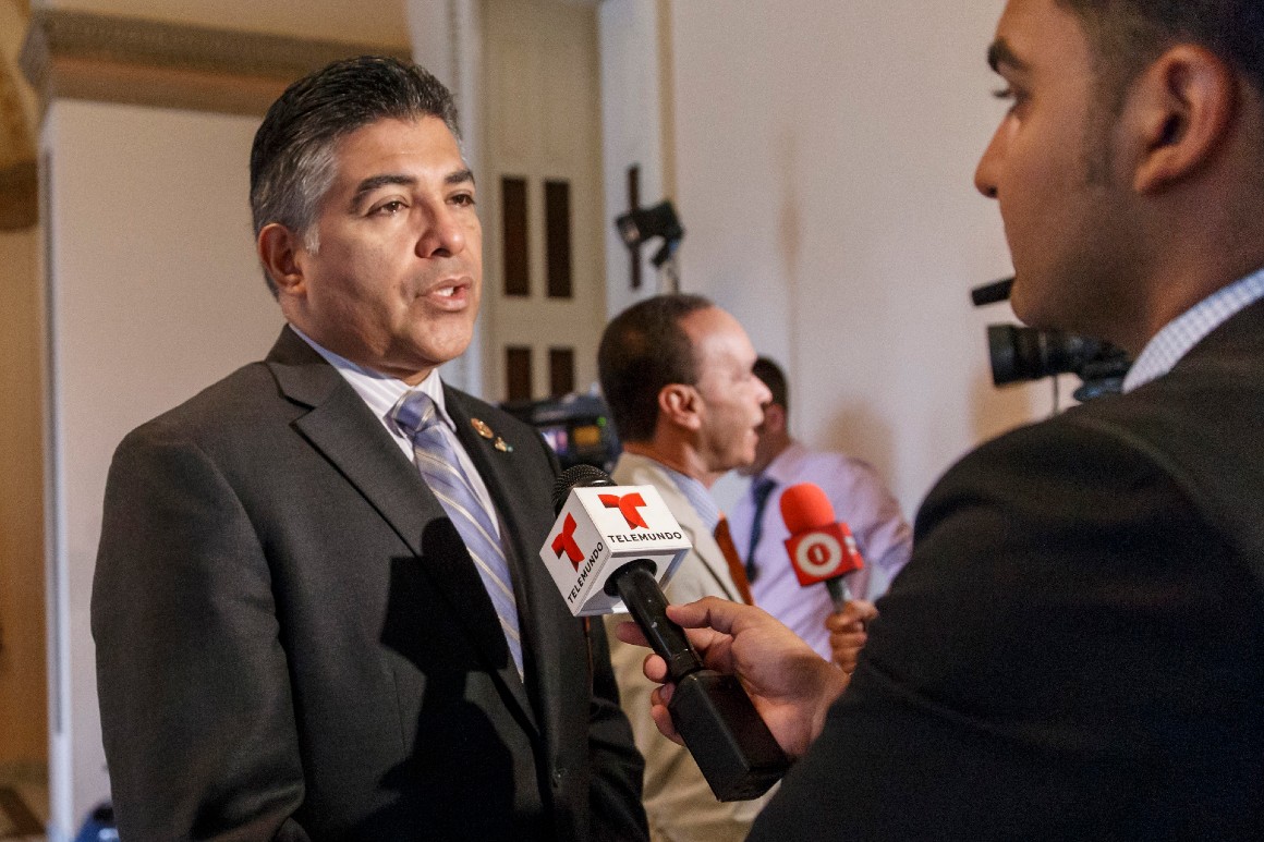 Rep. Tony Cardenas speaks with reporters on Capitol Hill in Washington.