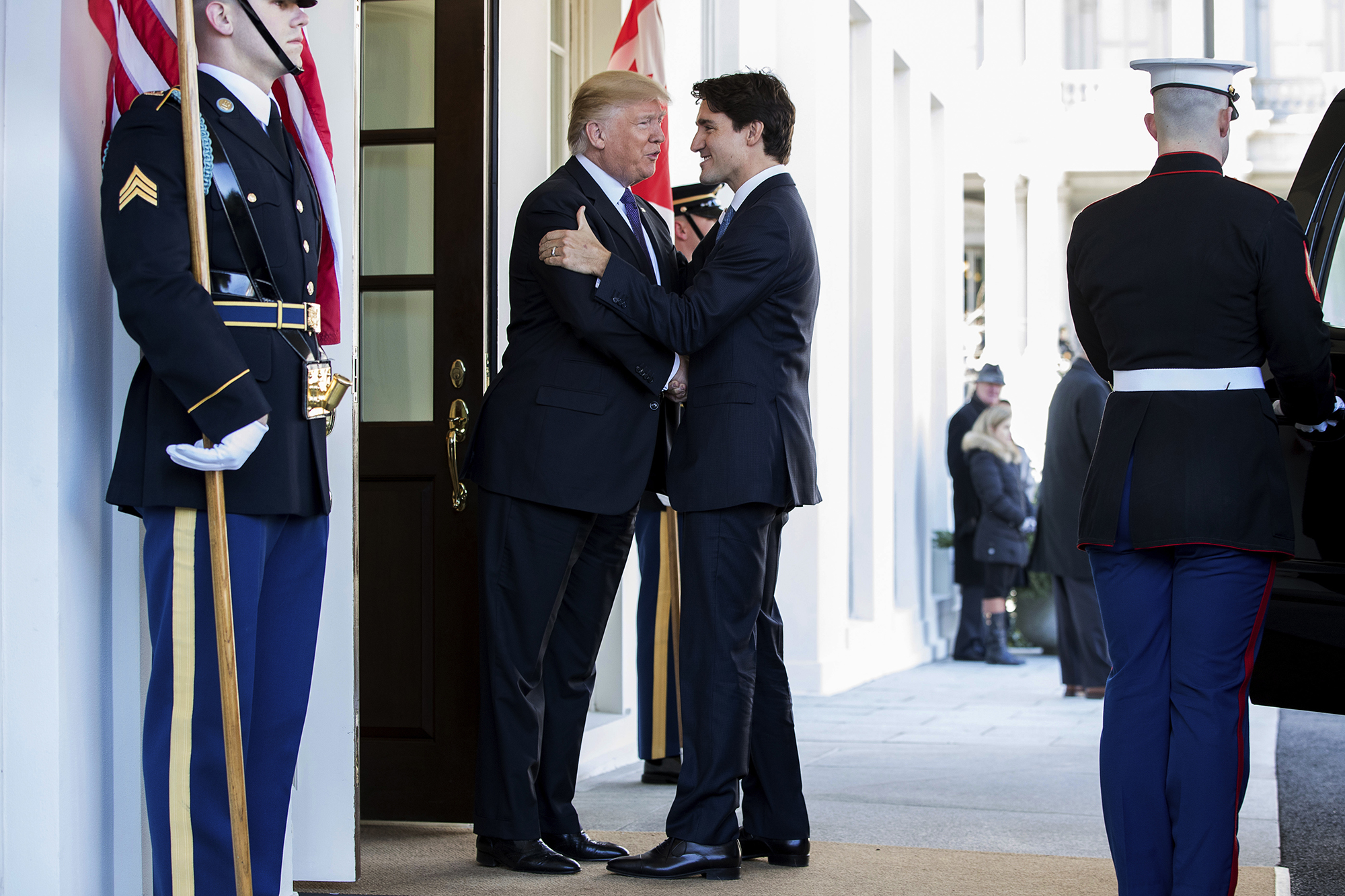 President Donald Trump welcomes Canadian Prime Minister Justin Trudeau outside the West Wing of the White House in Washington, Monday, Feb. 13, 2017. (AP Photo/Andrew Harnik)