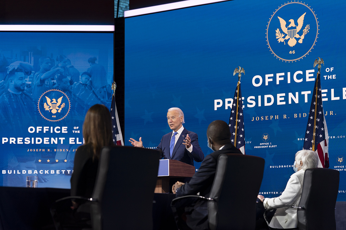 President-elect Joe Biden introduces nominees and appointees to economic policy posts at a news conference Tuesday in Wilmington, Del.