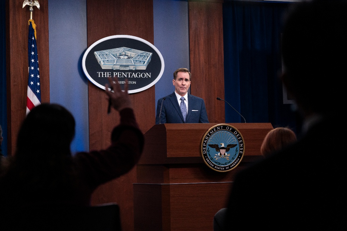 Pentagon spokesperson John Kirby speaks during a media briefing at the Pentagon.