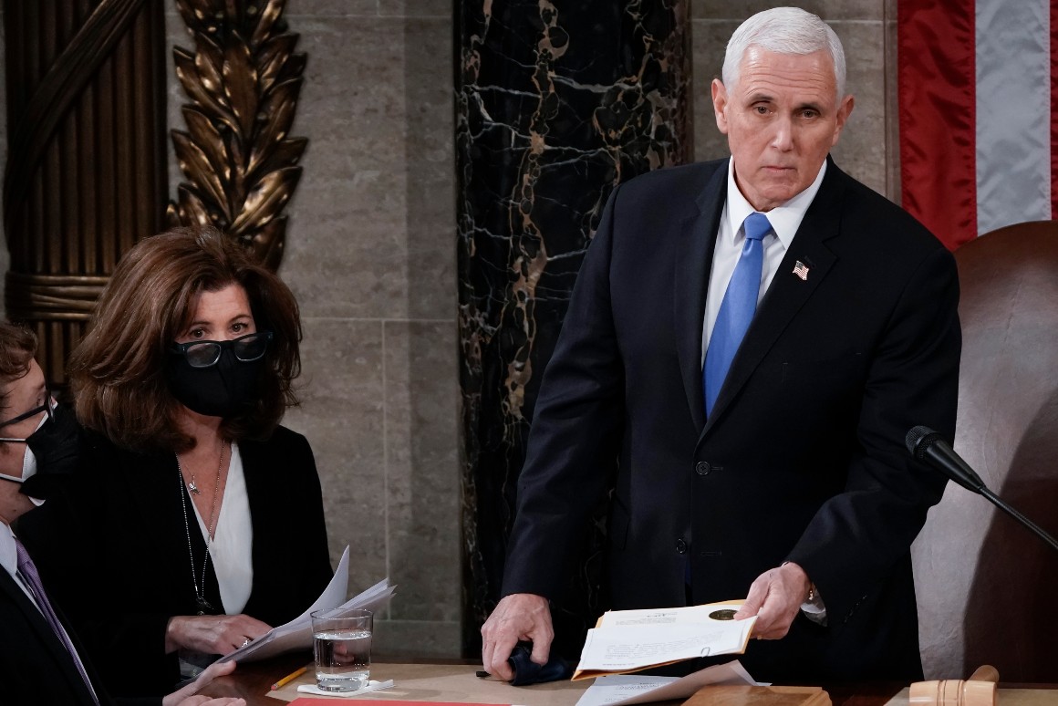 Senate Parliamentarian Elizabeth MacDonough, second from left, works beside then-Vice President Mike Pence during the certification of Electoral College ballots in the presidential election.