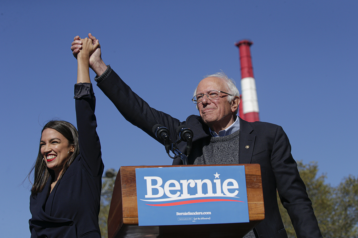 Rep. Alexandria Ocasio-Cortez, left, and Democratic presidential candidate Bernie Sanders.