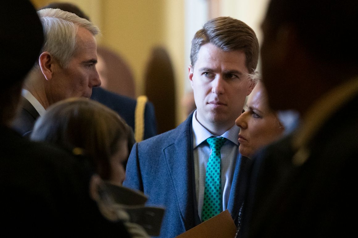 In this March 5, 2019, photo, Sen. Rob Portman, R-Ohio, left, talks with Homeland Security Secretary Kirstjen Nielsen, right, as her chief of staff Miles Taylor, center, looks on after the Republican Caucus luncheon on Capitol Hill in Washington. Taylor who penned a scathing anti-Trump op-ed and book under the pen name “Anonymous” made his identify public Wednesday, Oct. 28, 2020.