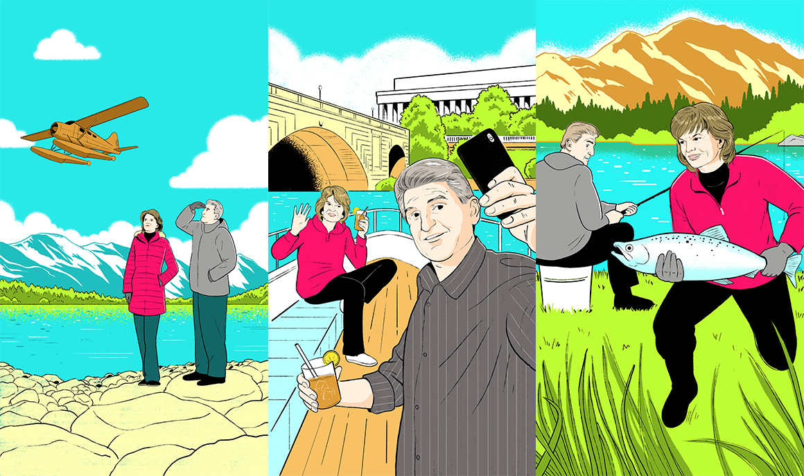 a three panel illustration of Joe Manchin and Lisa Murkowski doing various activities