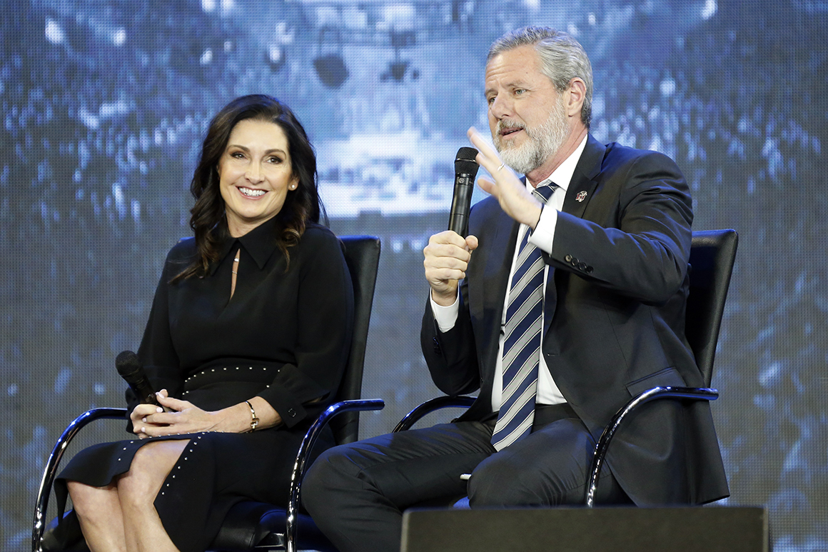 Rev. Jerry Falwell Jr., right, and his wife, Becki, at a town hall at a convocation at Liberty University on Nov. 28, 2018. 