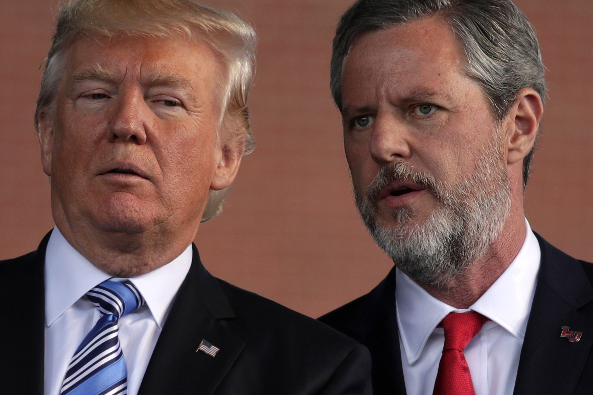 President Donald Trump and Jerry Falwell Jr. on stage during a commencement at Liberty University, May 13, 2017 in Lynchburg, Virginia. 