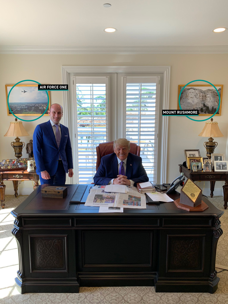 President Trump sits at his desk in his Mar-a-Lago office, surrounded by notable items. Two photos on the wall are circled.