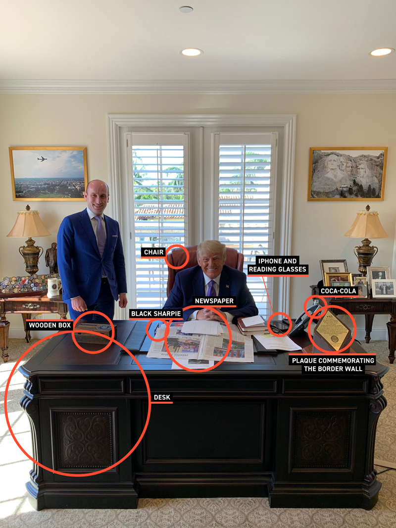 President Trump sits at his desk in his Mar-a-Lago office, surrounded by notable items. Items on his desk, like his phone and glasses, are circled.