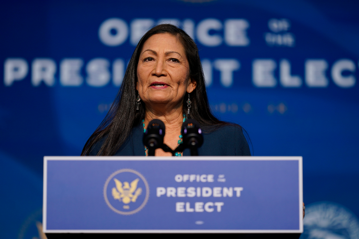 The Biden administration's nominee for Secretary of Interior, Rep. Deb Haaland, speaks at The Queen Theater in Wilmington, Del.