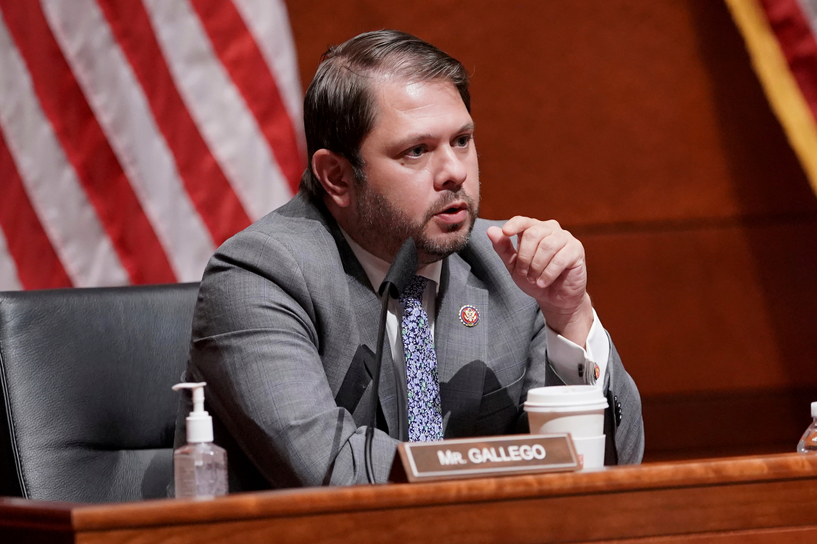 Rep. Ruben Gallego, D-Ariz., speaks during a House Armed Services Committee hearing on Thursday, July 9, 2020, on Capitol Hill in Washington. 