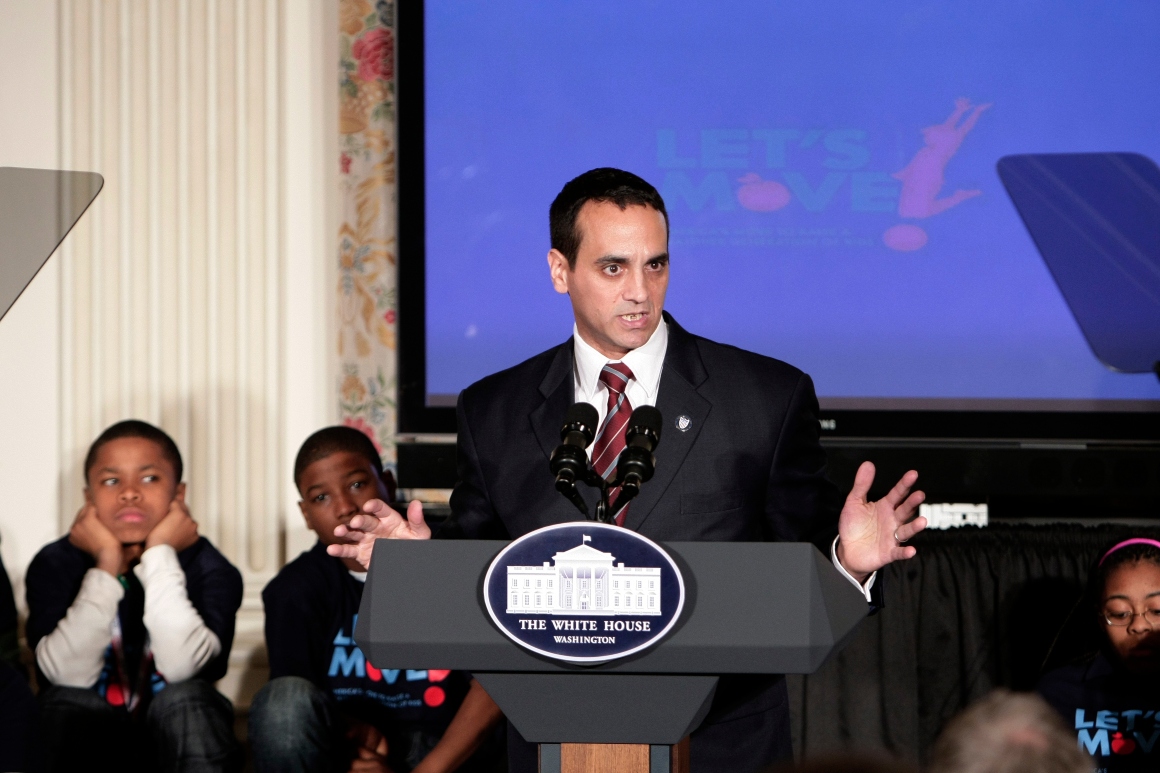 Mayor Joseph Curtatone of Somerville, Mass., talks in the State Dining Room of the White House. 