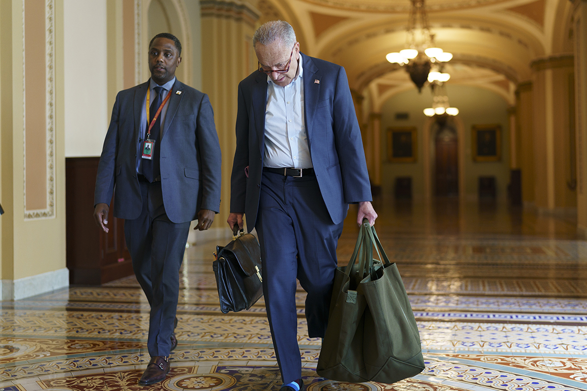 Chuck Schumer carries two large tote bags and a briefcase as he walks through the Capitol with a security detail.