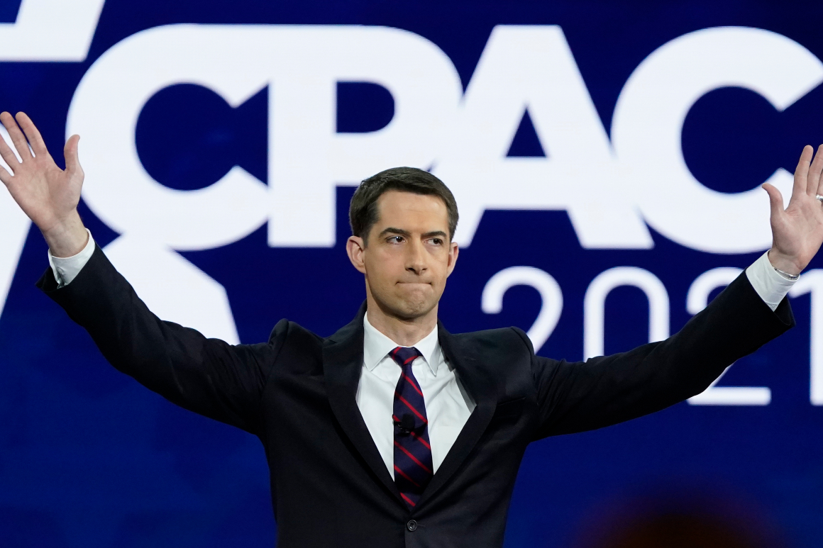 Sen. Tom Cotton, R-Ark., waves to supporters after speaking at the Conservative Political Action Conference (CPAC) Friday, Feb. 26, 2021, in Orlando, Fla. 