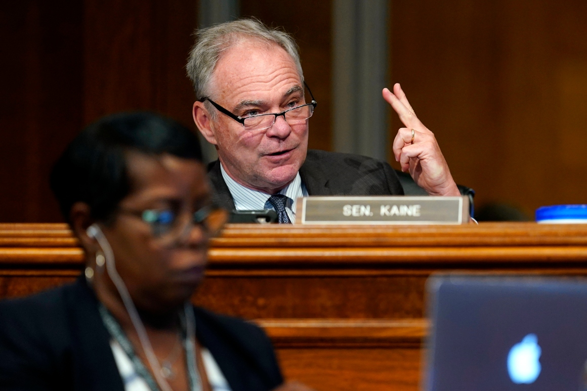 Sen. Tim Kaine, D-Va., speaks during a Senate committee hearing.