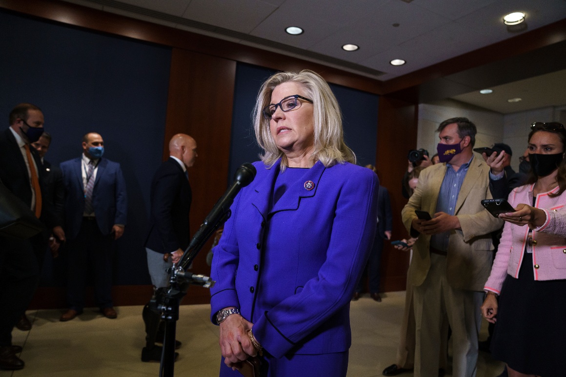 Rep. Liz Cheney speaks to reporters after House Republicans voted to oust her from her leadership post as chair of the House Republican Conference.