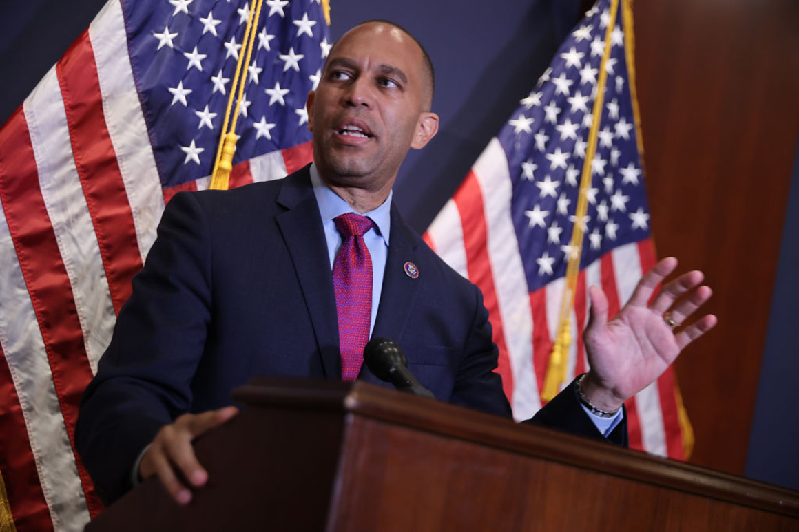House Democratic Caucus Chair Hakeem Jeffries (D-N.Y.) talks to reporters following the weekly Democratic Caucus meeting in the U.S. Capitol Visitors Center on June 29.