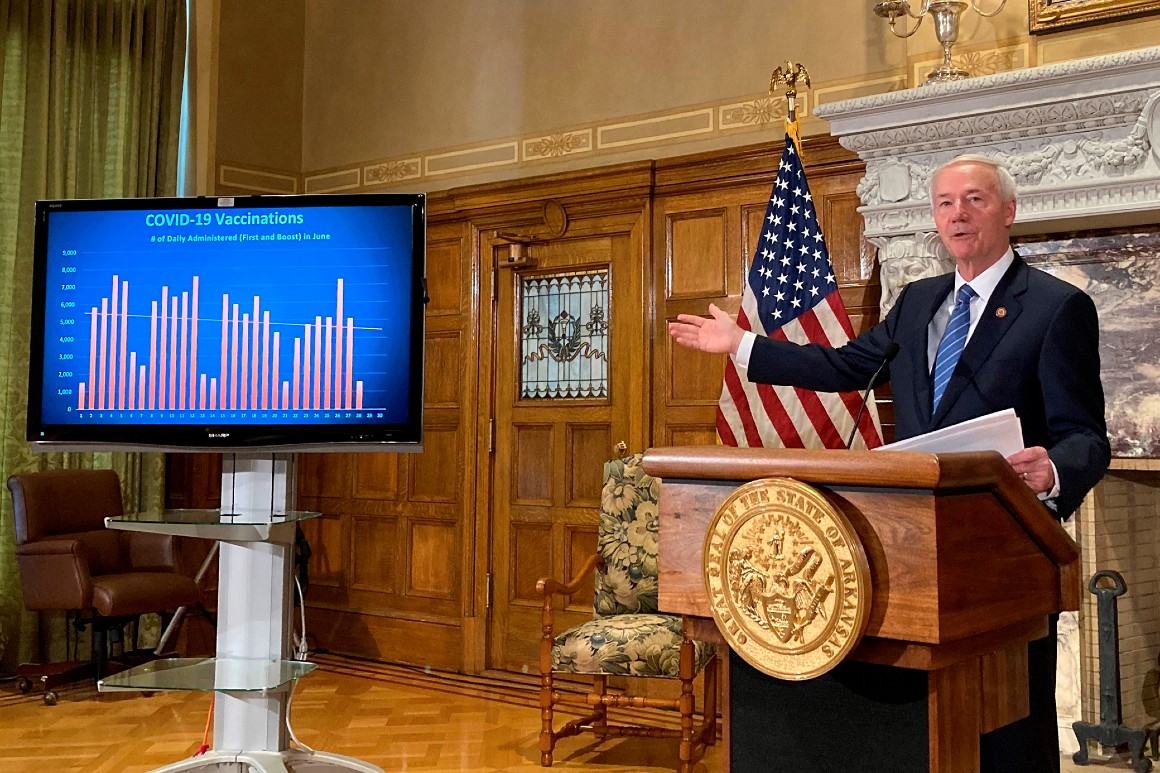 In this June 29, 2021 file photo, Arkansas Gov. Asa Hutchinson talks about COVID-19 vaccinations at the state Capitol in Little Rock, Ark. 