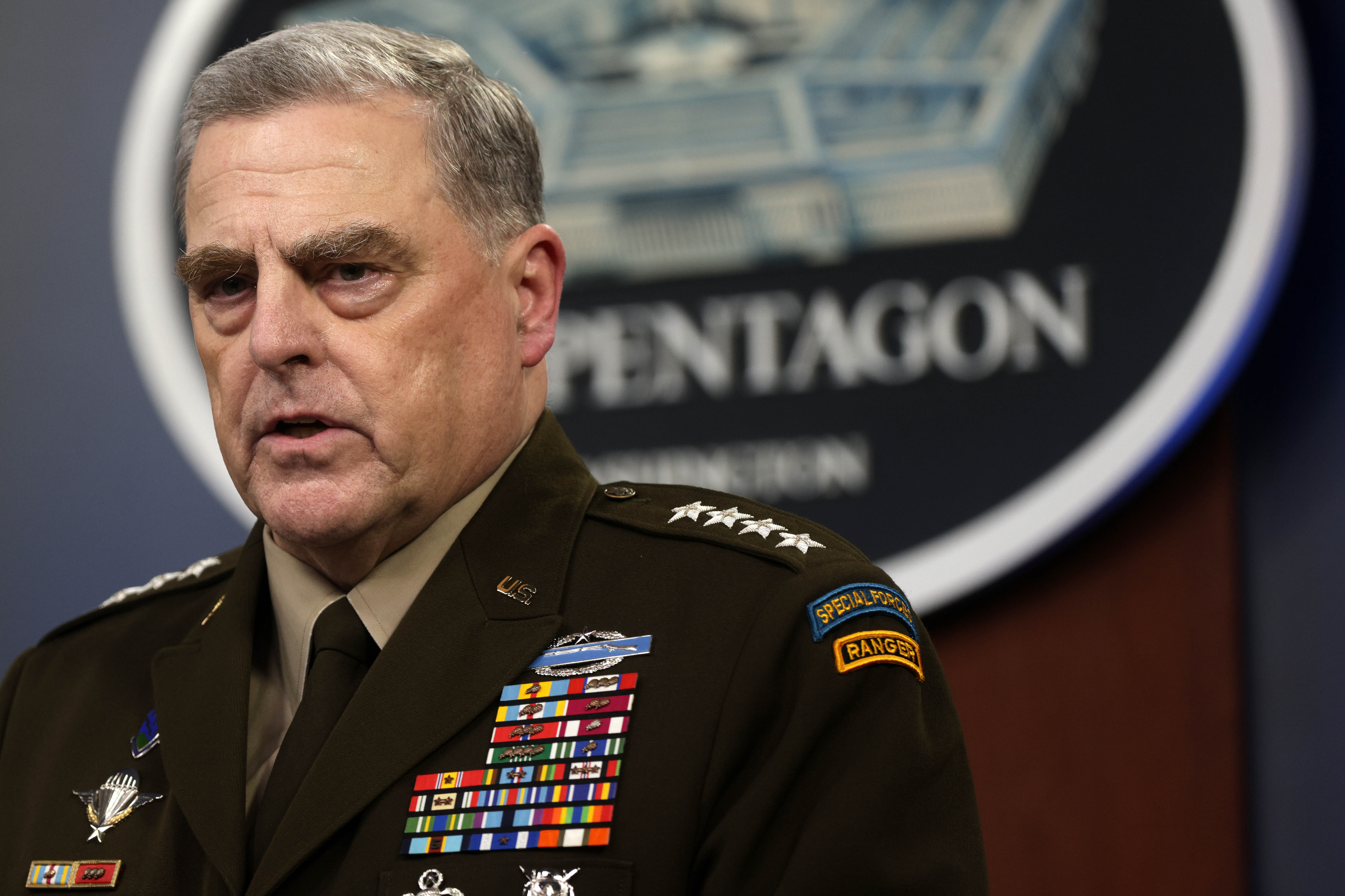Joint Chiefs of Staff Chair Gen. Mark Milley participates in a news briefing at the Pentagon. 