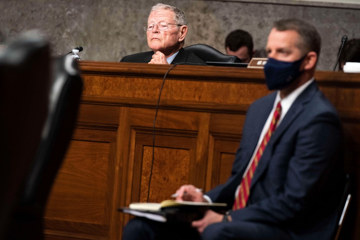 Sen. Jim Inhofe listens during a hearing in review of the Defense Authorization Request for fiscal year 2022 and the Future Years Defense Program on March 25, 2021, in Washington.