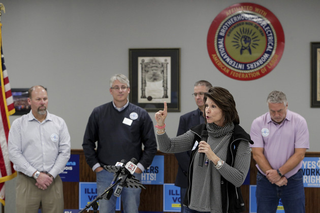 Cheri Bustos speaks during a rally.