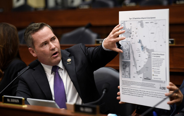 WASHINGTON, DC - SEPTEMBER 29: Rep. Michael Waltz (R-FL) displays a map with the 2021 bases/facilities with reported U.S. access agreements during a House Armed Services Committee hearing on the conclusion of military operations in Afghanistan at the Rayburn House Office building on Capitol Hill on September 29, 2021 in Washington, DC. The committee held the hearing “to receive testimony on the conclusion of military operations in Afghanistan and plans for future counterterrorism operations.” (Photo by)
