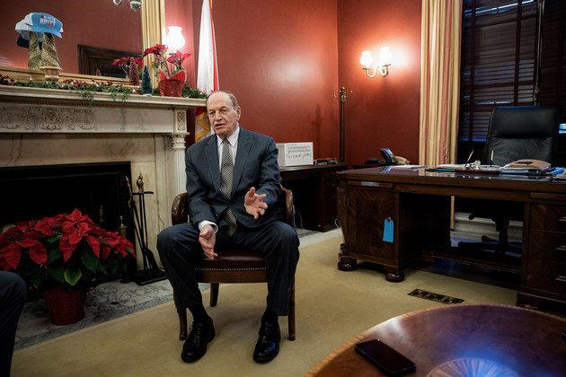 Richard Shelby speaking during an interview while sitting in a chair in his office.