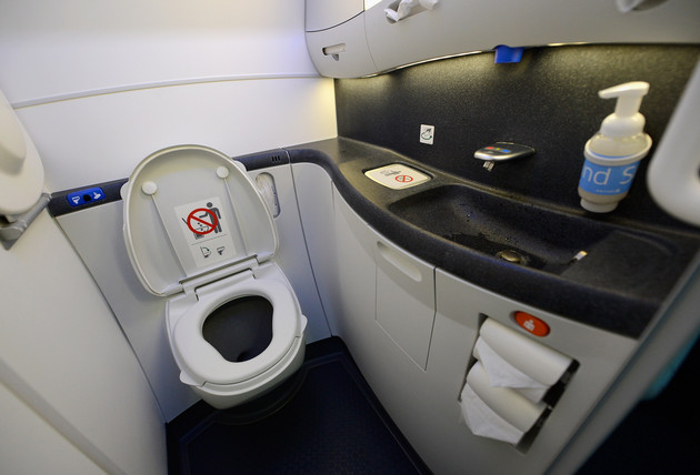 A touch lavatory is seen on the United Airlines Boeing 787 Dreamliner.