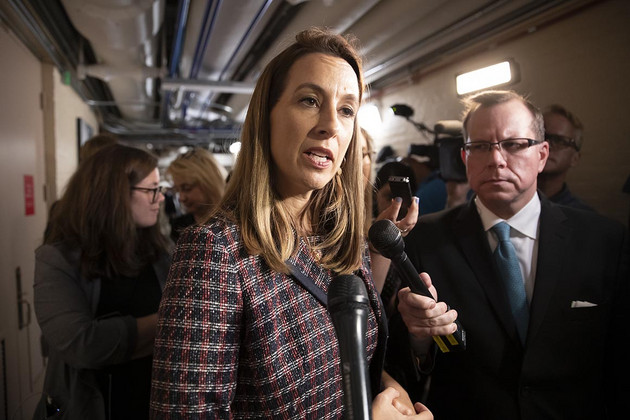 Mikie Sherrill speaks to reporters. 