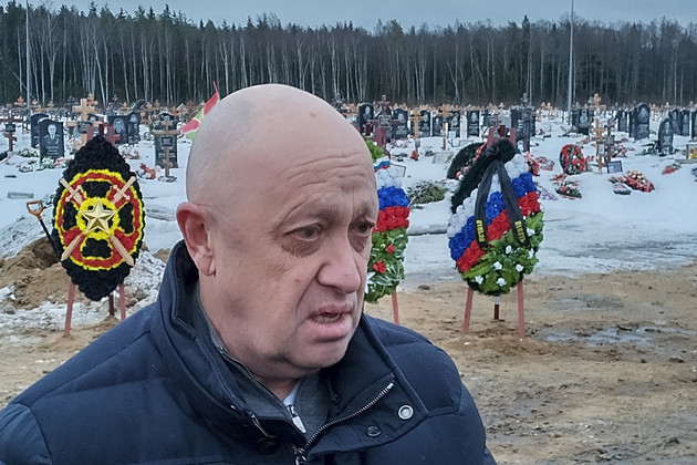 Wagner Group head Yevgeny Prigozhin attends the funeral of Dmitry Menshikov, a fighter of the Wagner group who died during a special operation in Ukraine.