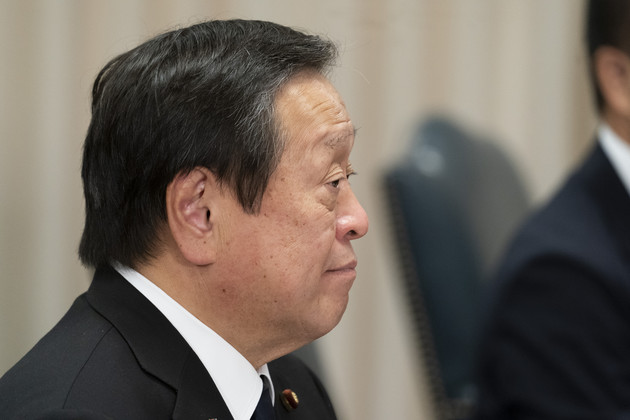 Japan's Minister of Defense Yasukazu Hamada listens during a meeting with Secretary of Defense Lloyd Austin at the Pentagon.