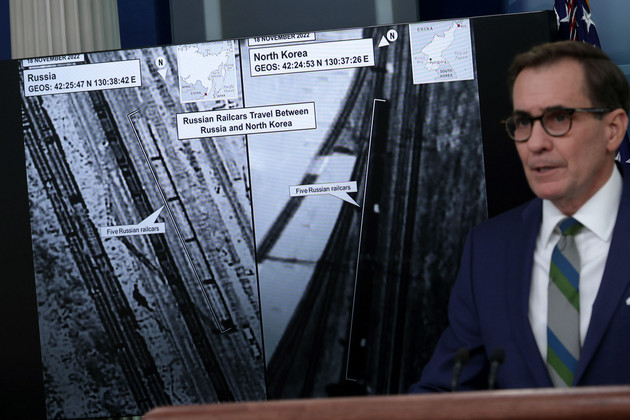  John Kirby speaks as a picture shows Russian rail cars in North Korea behind him. 