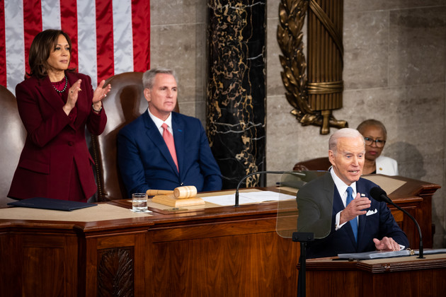 President Joe Biden, flanked by Vice President Kamala Harris and House Speaker Kevin McCarthy (R-Calif.), delivers his State of the Union address at the U.S. Capitol Feb. 7, 2023.