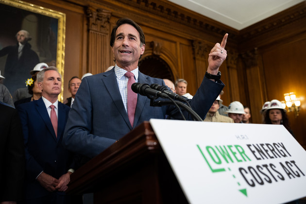 Garret Graves speaks alongside other House Republicans and energy workers during a press conference.