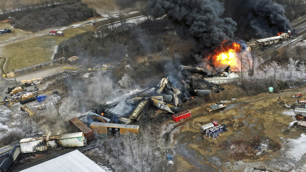 In this photo taken with a drone, portions of a Norfolk Southern freight train that derailed the previous night are shown.