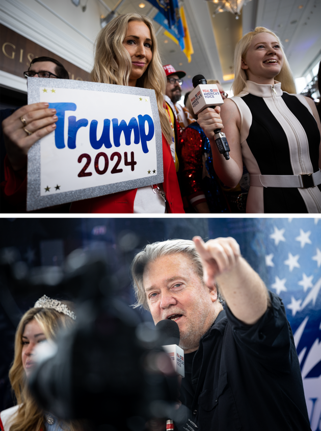 Top: Attendee Anna Schappaugh holding up a Trump 2024 sign, while Jayne Zirkle, an anchor for Steve Bannon's War Room, smiles and holds up a microphone. Bottom: Steve Bannon pointing while recording a live episode of his podcast.