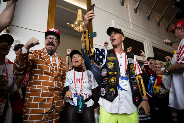 Supporters of former President Donald Trump cheering in the halls at the Conservative Political Action Conference.