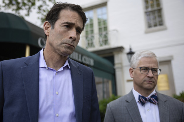 Reps. Garret Graves (R-La.) and Patrick McHenry (R-N.C.) speak with reporters after a House Republican Conference meeting at the Capitol Hill Club on Capitol Hill May 23, 2023. (Francis Chung/POLITICO via AP Images)