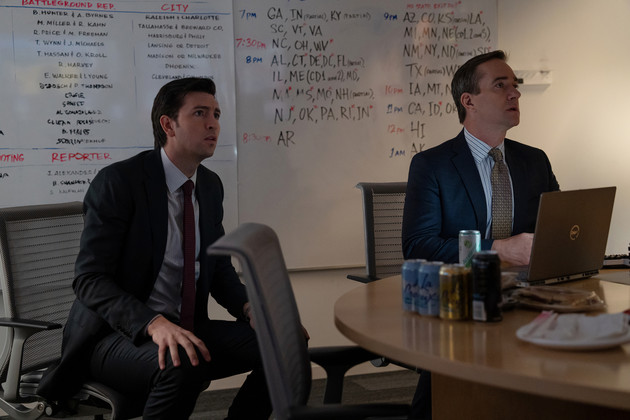 An image from HBO's &quot;Succession&quot; shows two characters talking in front of a whiteboard. 