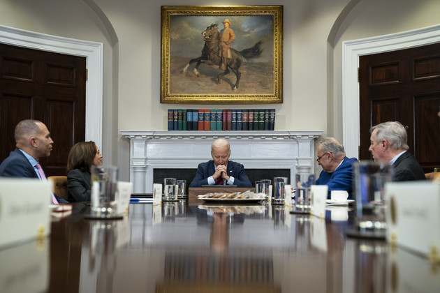 President Joe Biden speaks during a meeting with Democratic lawmakers in the Roosevelt Room.