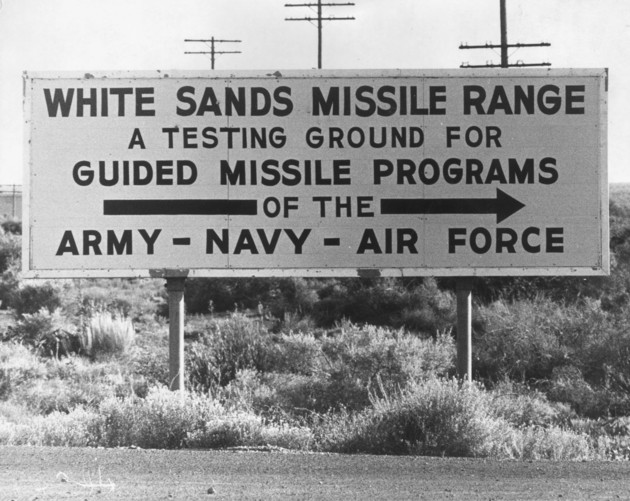 September 1963: A sign indicating the direction of the White Sands Missile Range in Alamagordo, New Mexico. 