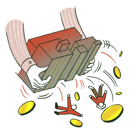 An illustration of an elder care facility being shaken as though it were a piggy bank, with coins and people falling out.