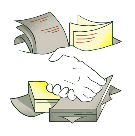 An illustration of a handshake in front of piles of paperwork.