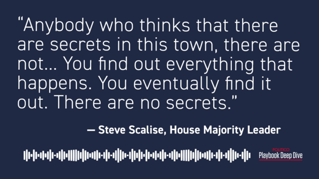 A quote from House Majority Leader Steve Scalise: &quot;Anybody who thinks that there are secrets in this town, there are not... You find out everything that happens. You eventually find it out. There are no secrets.&quot; 