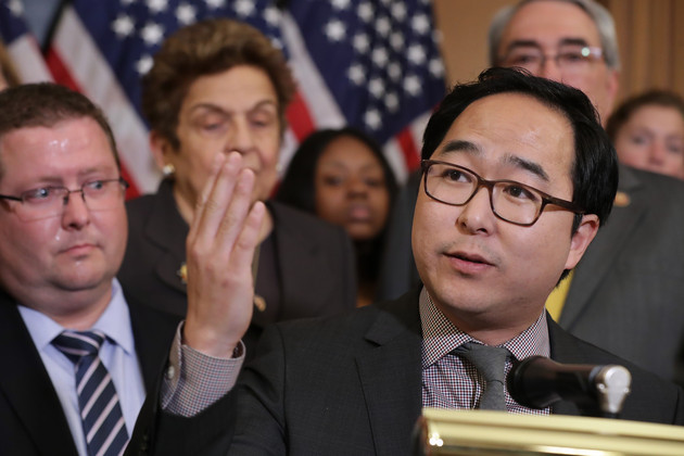 Andy Kim speaks during a rally and news conference ahead of a House vote.
