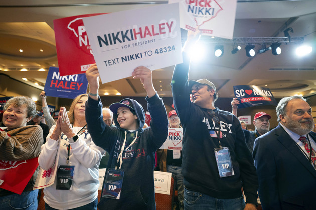 Supporters cheer as Republican presidential candidate former UN Ambassador Nikki Haley speaks during a campaign event at The North Charleston Coliseum, Jan. 24, 2024, in North Charleston, S.C.