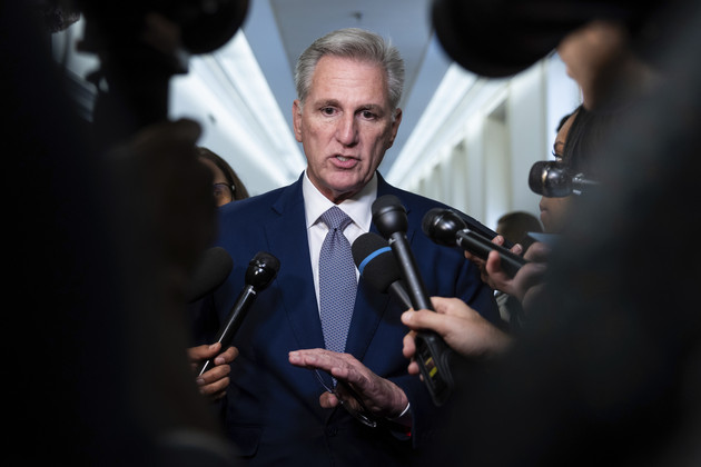 Rep. Kevin McCarthy speaks with reporters.