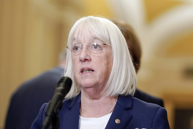 Sen. Patty Murray talks during a news conference after a policy luncheon on Capitol Hill in Washington.